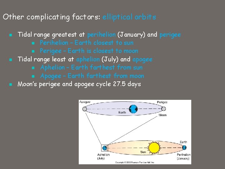 Other complicating factors: elliptical orbits n n n Tidal range greatest at perihelion (January)