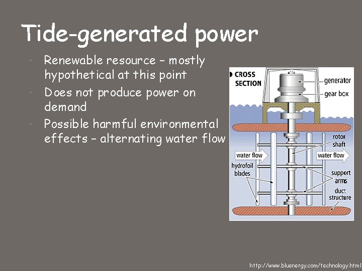 Tide-generated power Renewable resource – mostly hypothetical at this point Does not produce power