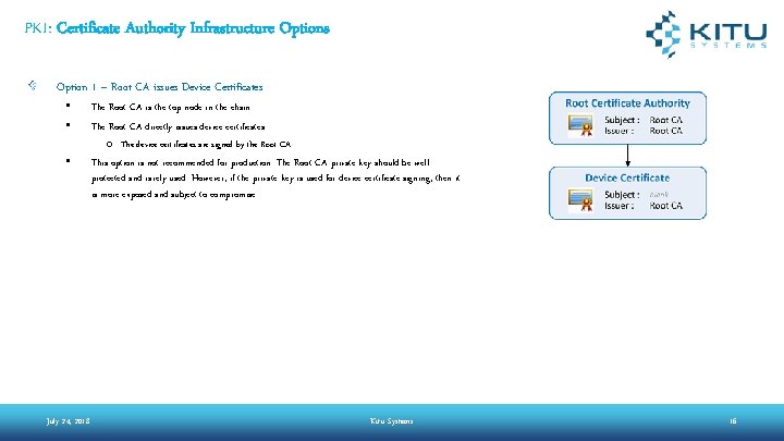 PKI: Certificate Authority Infrastructure Options Option 1 – Root CA issues Device Certificates • PKI: Certificate Authority Infrastructure Options Option 1 – Root CA issues Device Certificates •