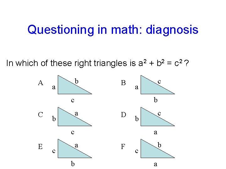 Questioning in math: diagnosis In which of these right triangles is a 2 +