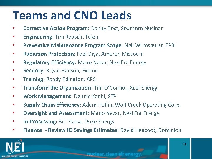Teams and CNO Leads • • • • Corrective Action Program: Danny Bost, Southern