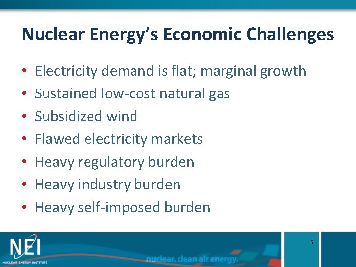 Nuclear Energy’s Economic Challenges • • Electricity demand is flat; marginal growth Sustained low-cost