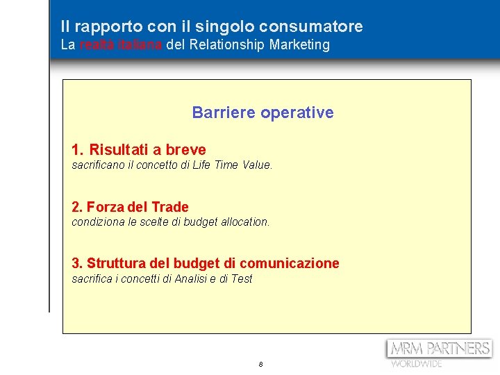 Il rapporto con il singolo consumatore La realtà italiana del Relationship Marketing Barriere operative