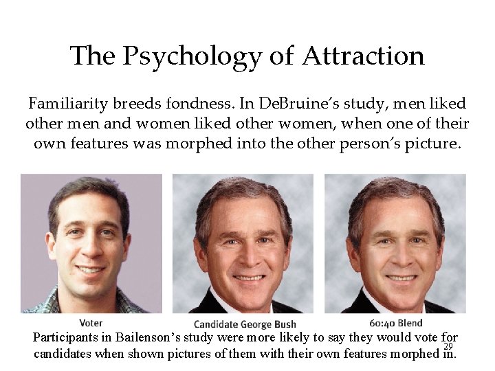 The Psychology of Attraction Familiarity breeds fondness. In De. Bruine’s study, men liked other