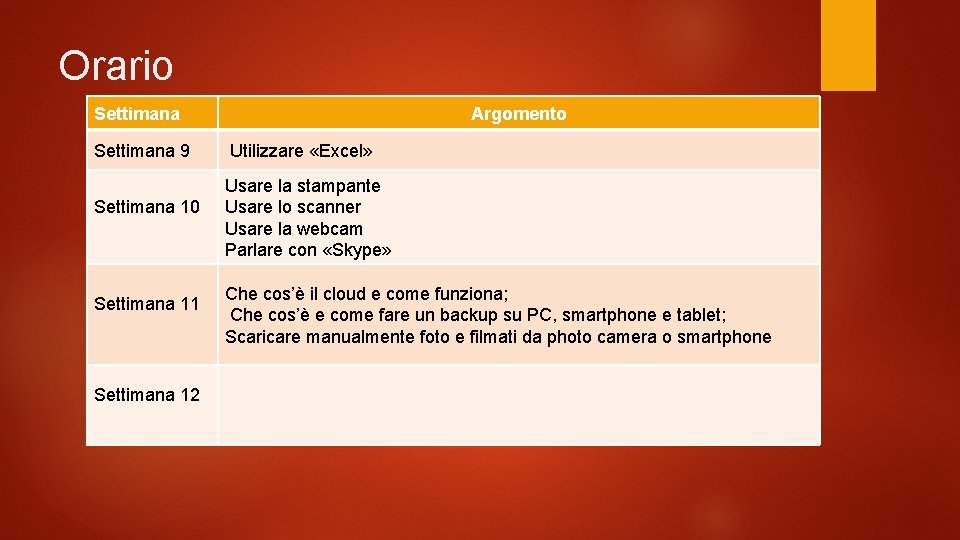 Orario Settimana 9 Settimana 10 Settimana 11 Settimana 12 Argomento Utilizzare «Excel» Usare la