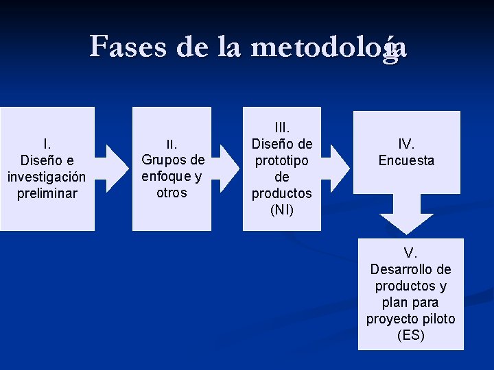 Fases de la metodología I. Diseño e investigación preliminar II. Grupos de enfoque y