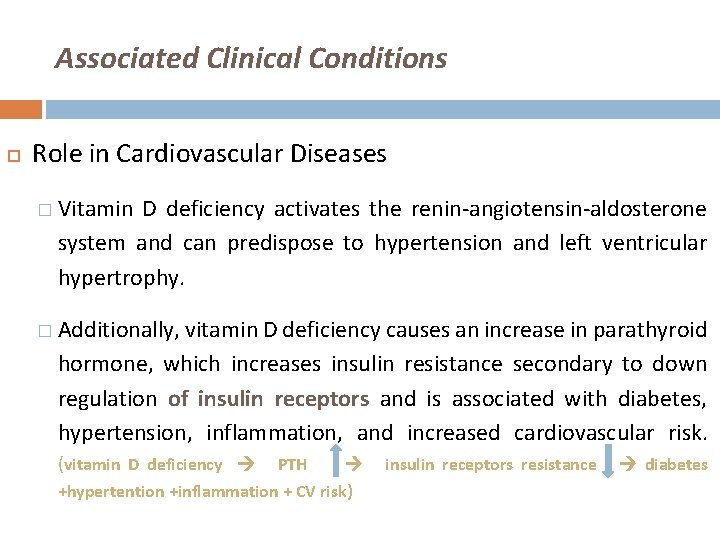 Associated Clinical Conditions Role in Cardiovascular Diseases � Vitamin D deficiency activates the renin-angiotensin-aldosterone