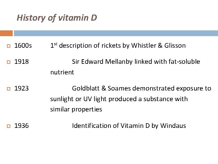 History of vitamin D 1600 s 1 st description of rickets by Whistler &