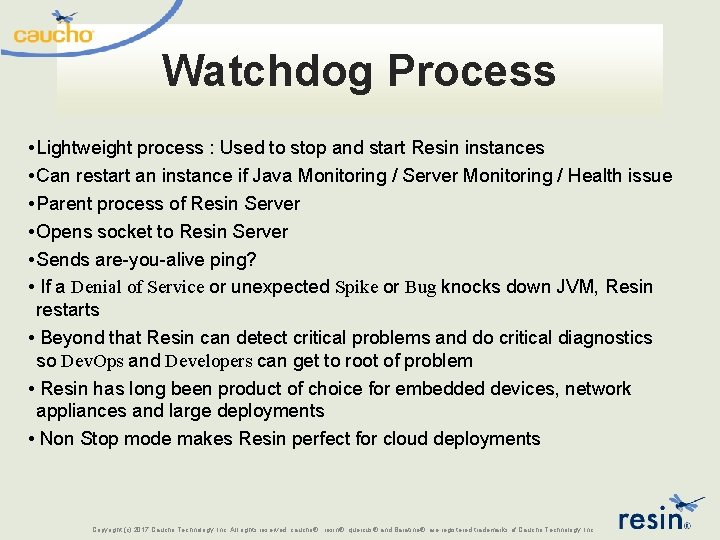 Watchdog Process • Lightweight process : Used to stop and start Resin instances •