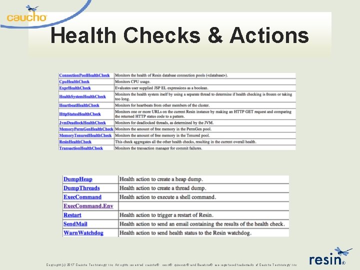 Health Checks & Actions Copyright (c) 2017 Caucho Technology, Inc. All rights reserved. caucho®