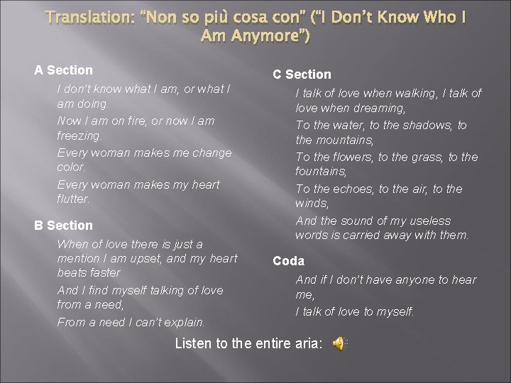 Translation: “Non so più cosa con” (“I Don’t Know Who I Am Anymore”) A