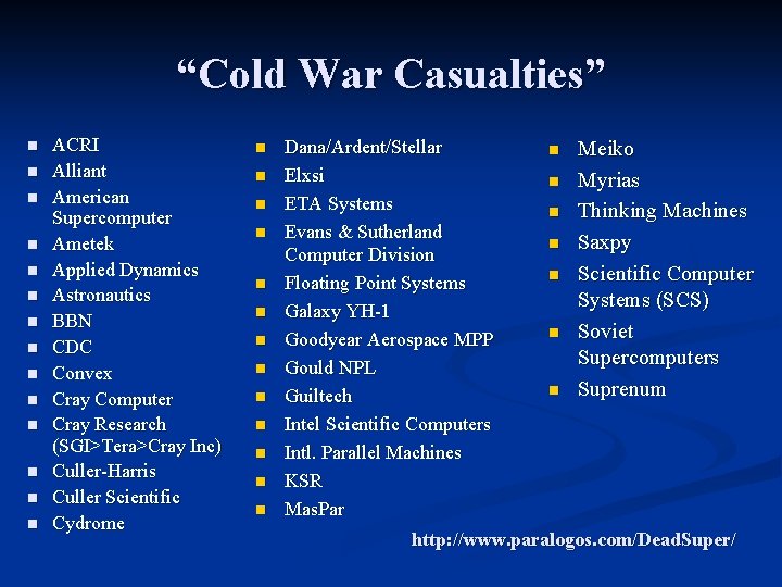 “Cold War Casualties” n n n n ACRI Alliant American Supercomputer Ametek Applied Dynamics