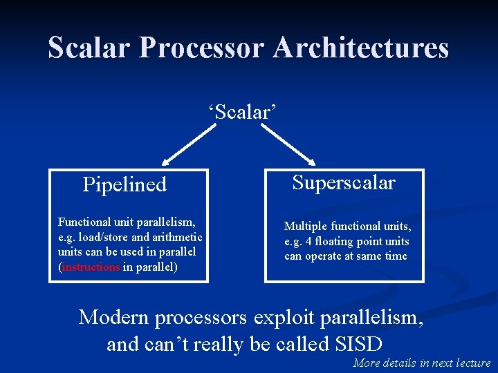 Scalar Processor Architectures ‘Scalar’ Pipelined Functional unit parallelism, e. g. load/store and arithmetic units