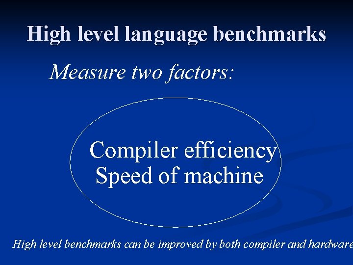 High level language benchmarks Measure two factors: Compiler efficiency Speed of machine High level