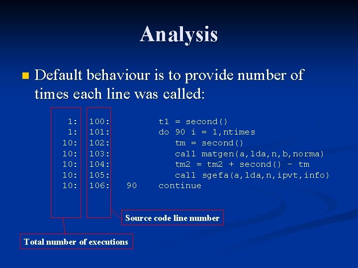Analysis n Default behaviour is to provide number of times each line was called: