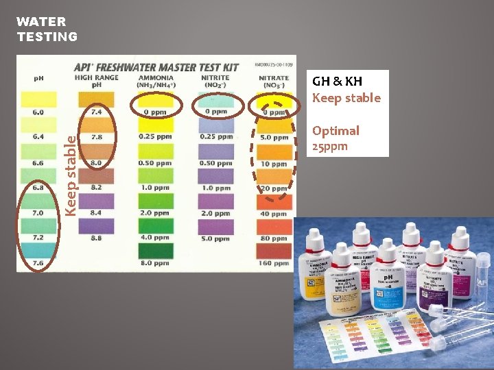 WATER TESTING Keep stable GH & KH Keep stable Optimal 25 ppm 