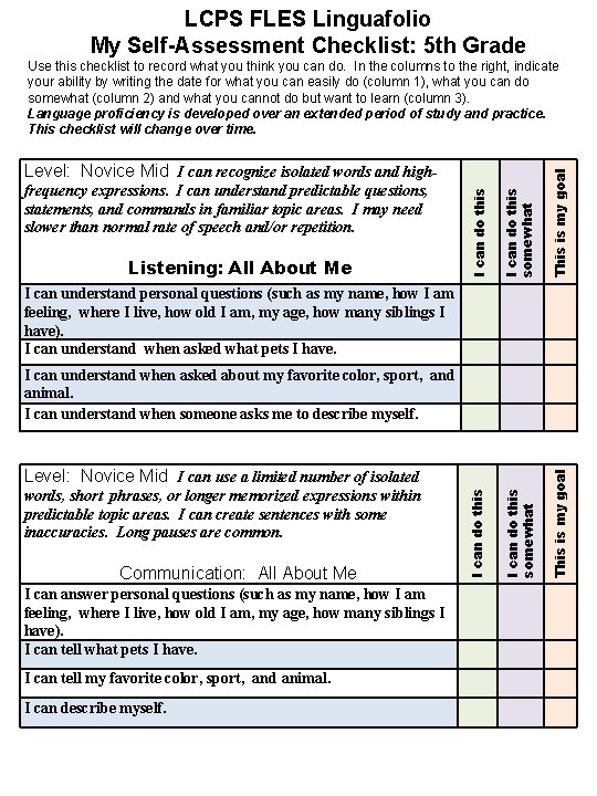 LCPS FLES Linguafolio My Self-Assessment Checklist: 5 th Grade Use this checklist to record