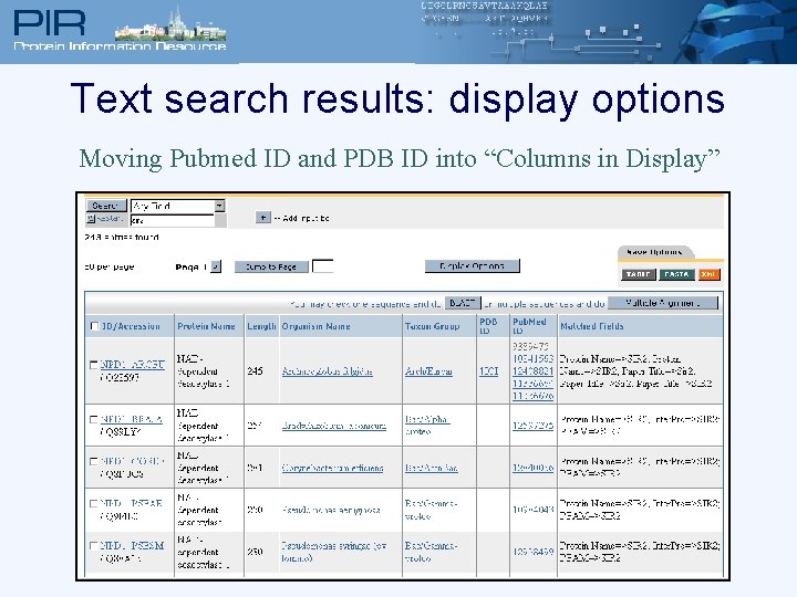 Text search results: display options Moving Pubmed ID and PDB ID into “Columns in