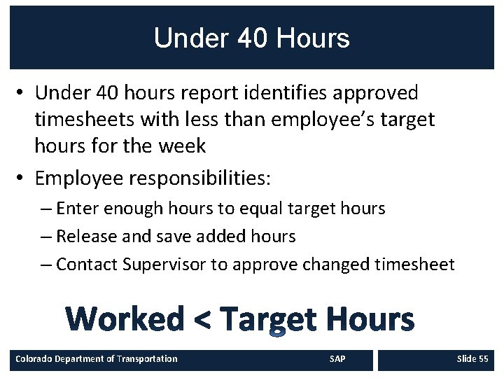Under 40 Hours • Under 40 hours report identifies approved timesheets with less than