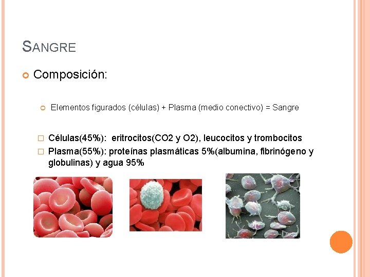 SANGRE Composición: Elementos figurados (células) + Plasma (medio conectivo) = Sangre Células(45%): eritrocitos(CO 2