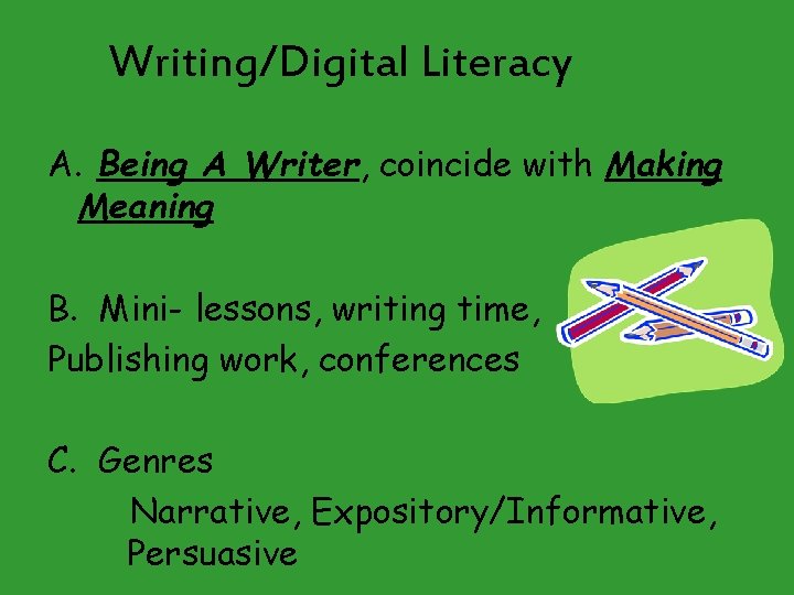 Writing/Digital Literacy A. Being A Writer, coincide with Making Meaning B. Mini- lessons, writing