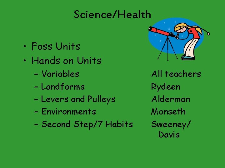 Science/Health • Foss Units • Hands on Units – – – Variables Landforms Levers