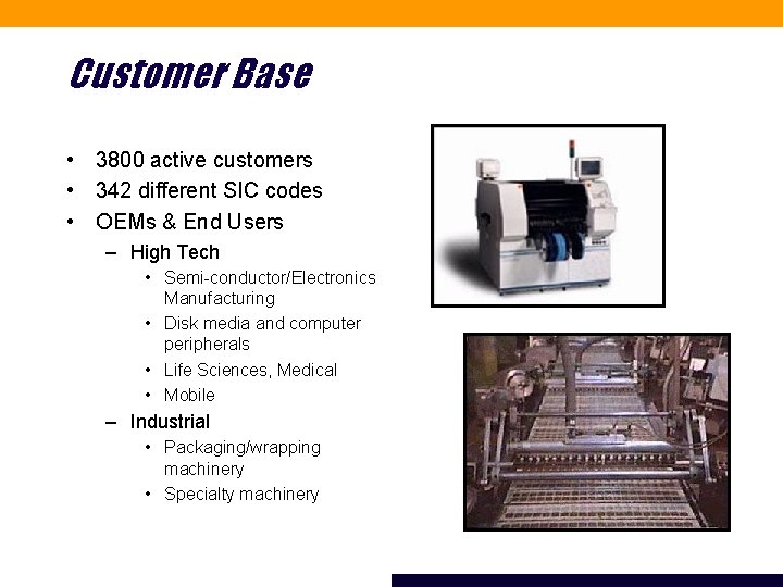 Customer Base • 3800 active customers • 342 different SIC codes • OEMs &