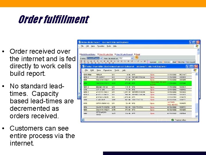 Order fulfillment • Order received over the internet and is fed directly to work