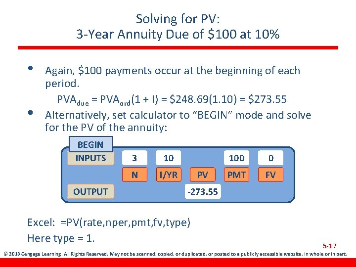 Solving for PV: 3 -Year Annuity Due of $100 at 10% • • Again,