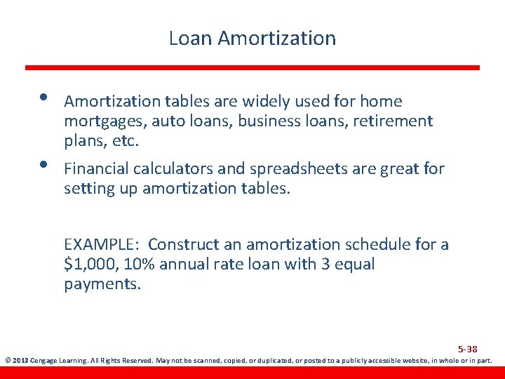 Loan Amortization • • Amortization tables are widely used for home mortgages, auto loans,