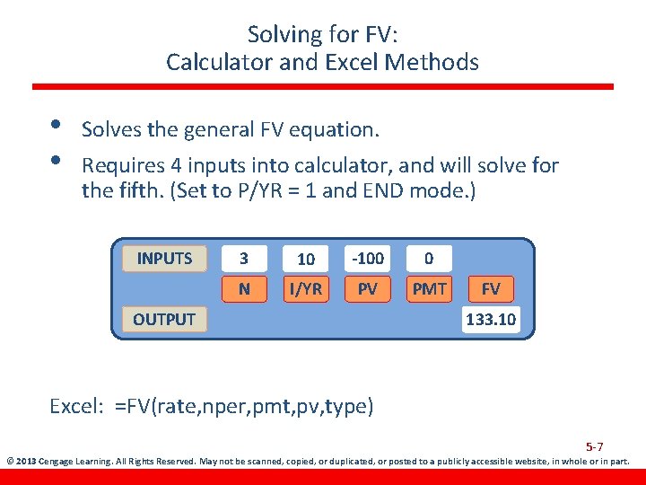 Solving for FV: Calculator and Excel Methods • • Solves the general FV equation.