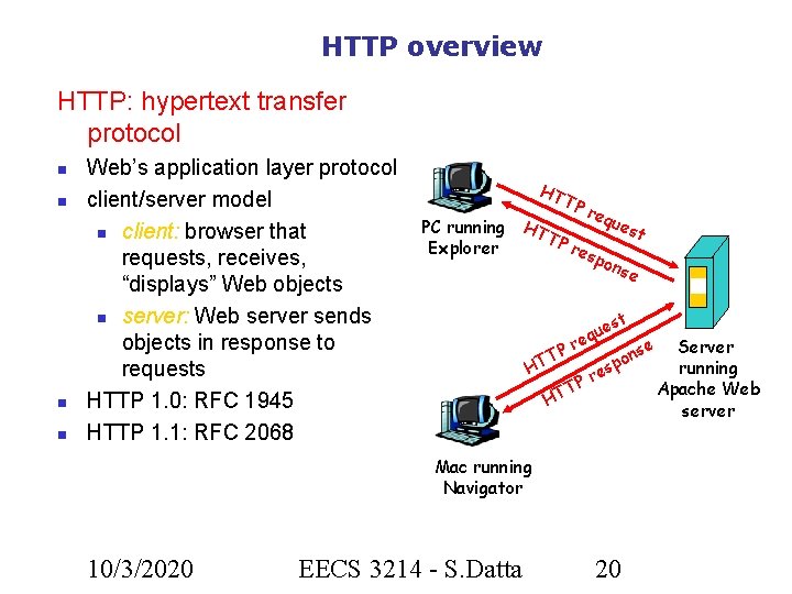 HTTP overview HTTP: hypertext transfer protocol Web’s application layer protocol client/server model client: browser