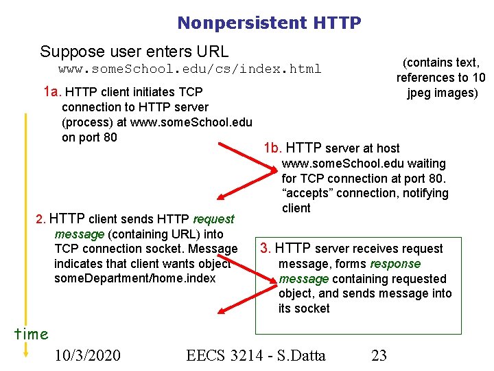 Nonpersistent HTTP Suppose user enters URL (contains text, references to 10 jpeg images) www.