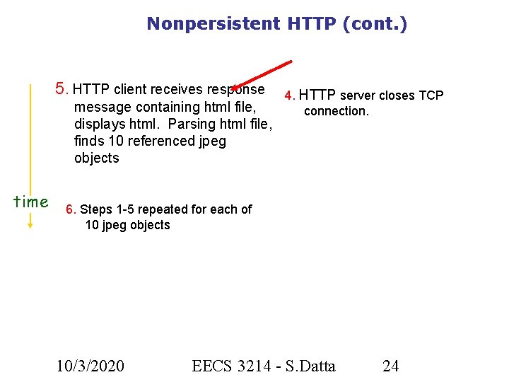 Nonpersistent HTTP (cont. ) 5. HTTP client receives response message containing html file, displays