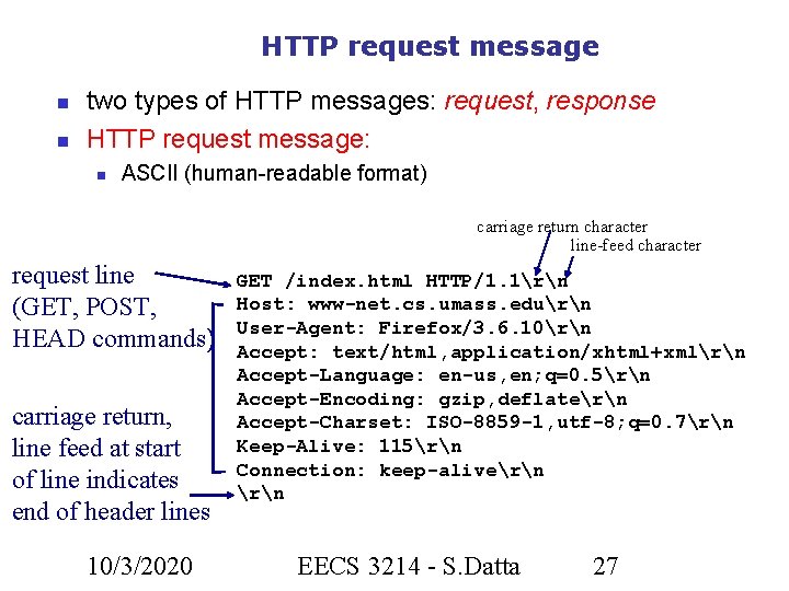 HTTP request message two types of HTTP messages: request, response HTTP request message: ASCII