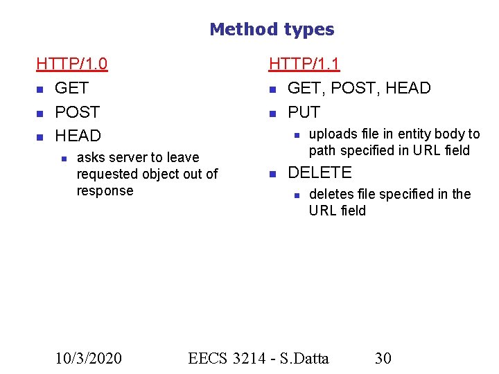 Method types HTTP/1. 0 GET POST HEAD HTTP/1. 1 GET, POST, HEAD PUT asks