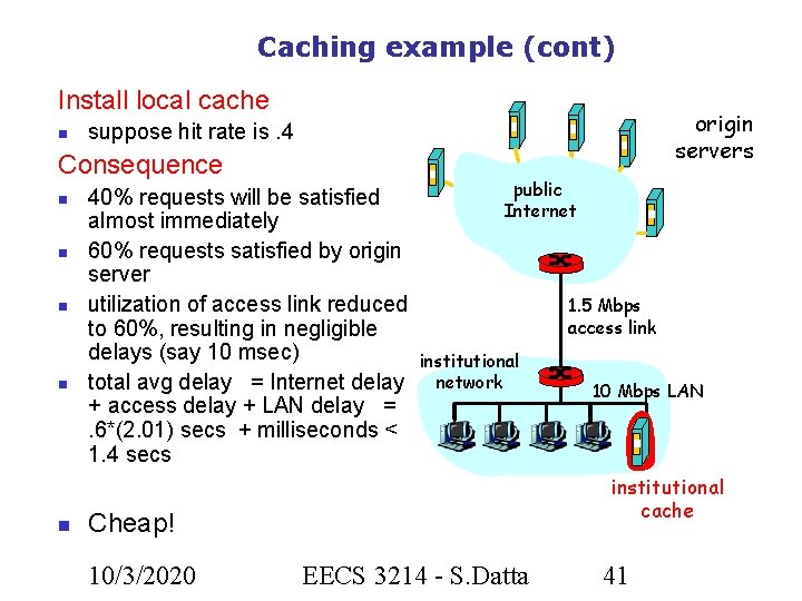 Caching example (cont) Install local cache origin servers suppose hit rate is. 4 Consequence