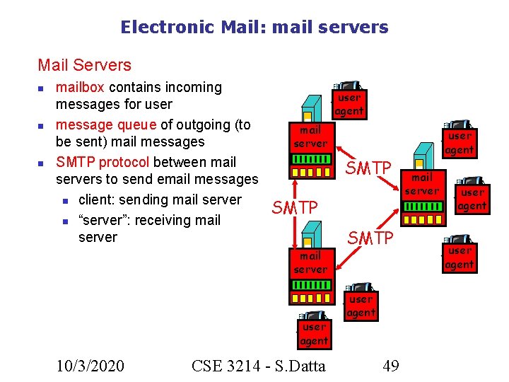 Electronic Mail: mail servers Mail Servers mailbox contains incoming messages for user message queue