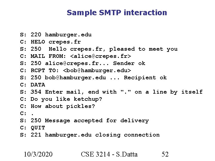 Sample SMTP interaction S: C: S: C: C: C: S: 220 hamburger. edu HELO