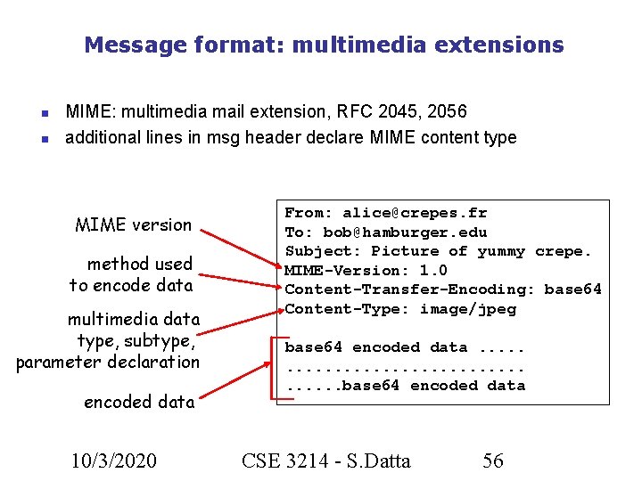 Message format: multimedia extensions MIME: multimedia mail extension, RFC 2045, 2056 additional lines in