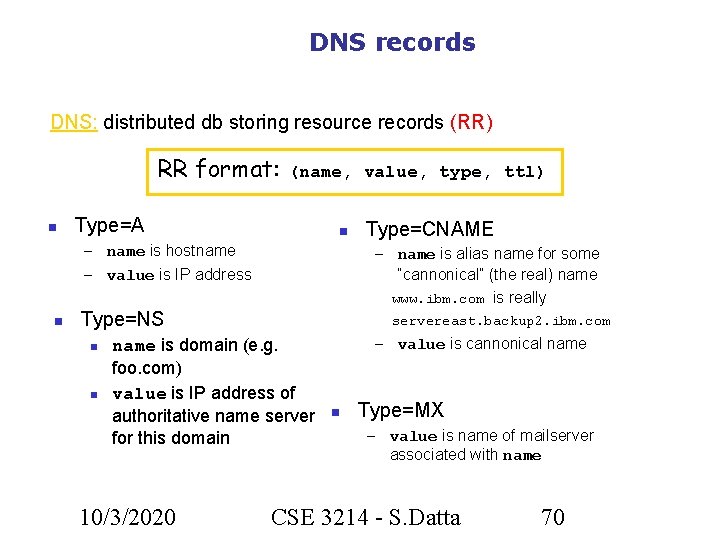 DNS records DNS: distributed db storing resource records (RR) RR format: (name, value, type,