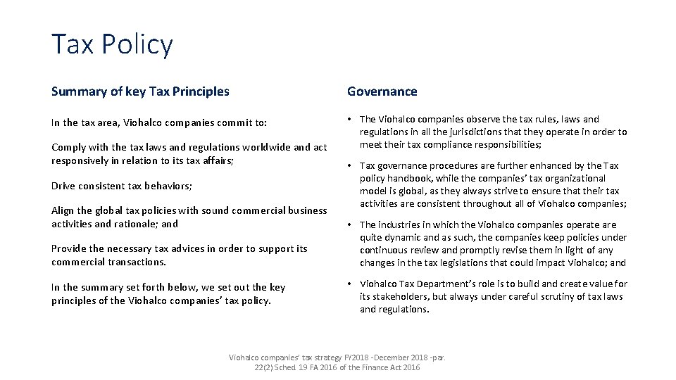 Tax Policy Summary of key Tax Principles Governance In the tax area, Viohalco companies