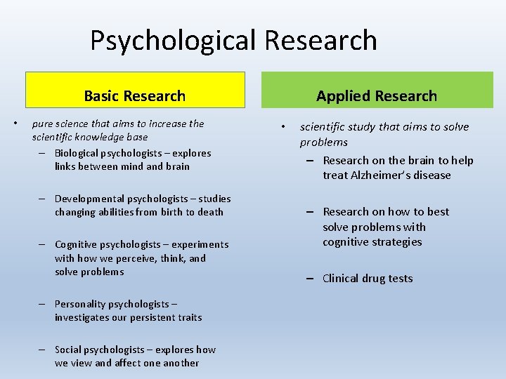 Psychological Research Basic Research • pure science that aims to increase the scientific knowledge