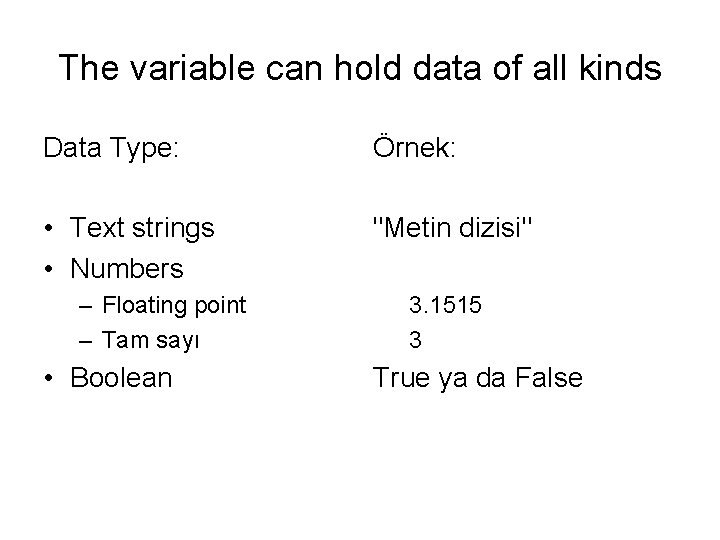 The variable can hold data of all kinds Data Type: Örnek: • Text strings