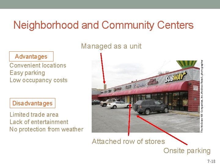 Neighborhood and Community Centers Advantages Convenient locations Easy parking Low occupancy costs Disadvantages Limited