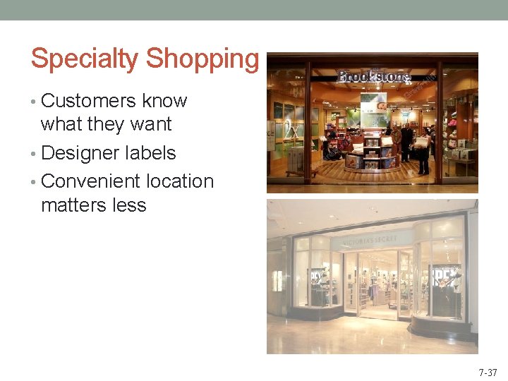 Specialty Shopping • Customers know what they want • Designer labels • Convenient location