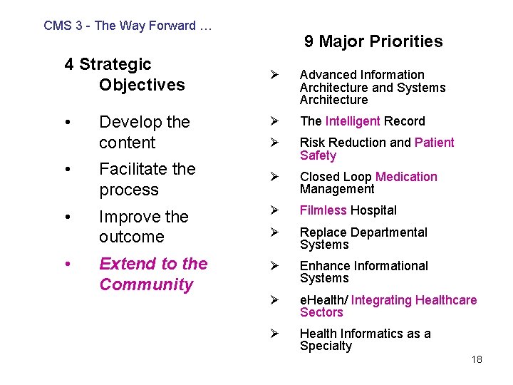 CMS 3 - The Way Forward … 9 Major Priorities 4 Strategic Objectives Ø