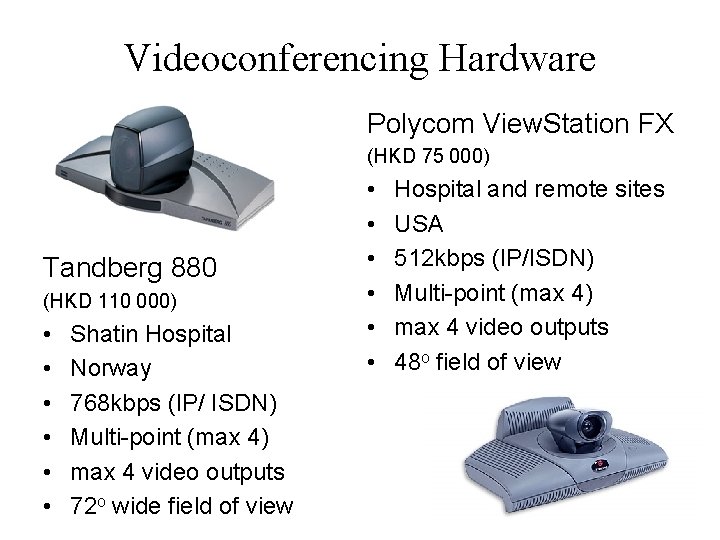 Videoconferencing Hardware Polycom View. Station FX (HKD 75 000) Tandberg 880 (HKD 110 000)