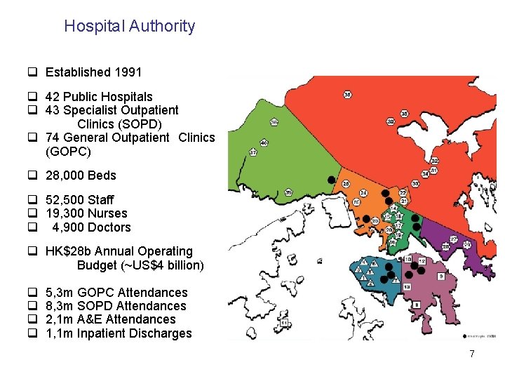 Hospital Authority q Established 1991 q 42 Public Hospitals q 43 Specialist Outpatient Clinics