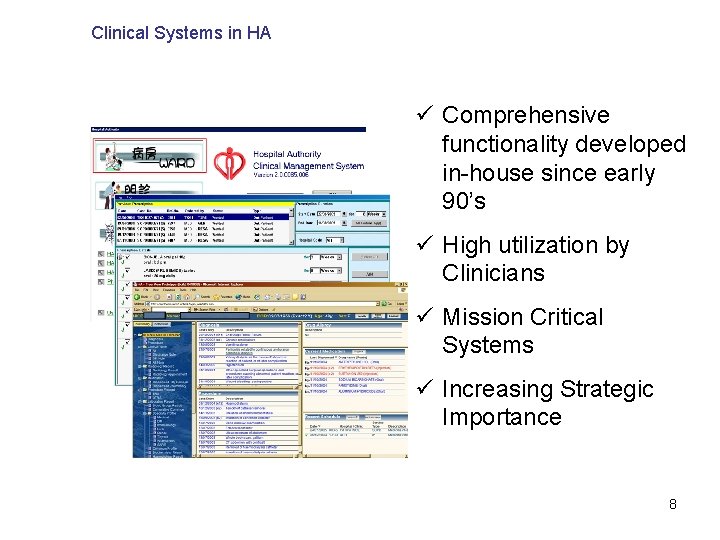 Clinical Systems in HA ü Comprehensive functionality developed in-house since early 90’s ü High